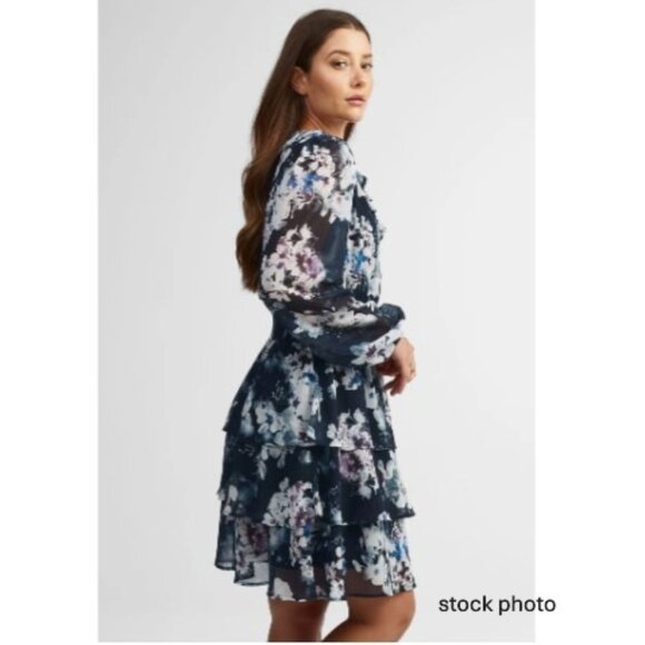 AKA Sapphire Blue Floral Mini Dress with Tiered Ruffles; Long Sleeve; XS - Picture 2 of 16